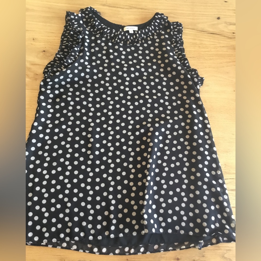 Max Studio Polka Dot Pleated Ruffle Sleeveless Black Tunic Women’s Large Prelove